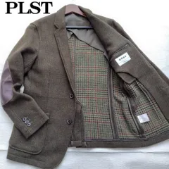 【大人の週末着】PLST プラステ ツイード テーラードジャケット M 緑 メンズ 秋冬 羊革エルボーパッチ　肘あて センターベント