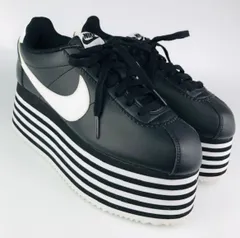 美品★NIKE★ナイキ×COMME des GARCONS★コムデギャルソン・コラボ CORTEZ Platform Black White レディース レザー プラットフォーム スニーカー 厚底(25㎝)靴 カジュアル ブラック 秋冬物 ブランド