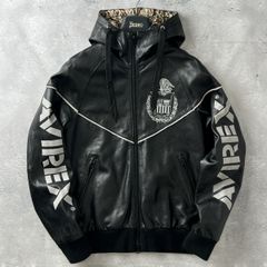 美品 AVIREX アヴィレックス / 羊革 本革 ラム レザー ジップアップ ジャケット バーシティ パーカー / メンズ M / 黒 ブラック ペイント