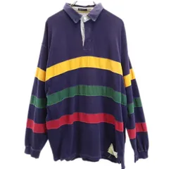 ハサウェイスポーツ 90s オールド ボーダー ライン 長袖 ポロシャツ XL ネイビー Hathaway SPORT メンズ 【中古】  【230906】
