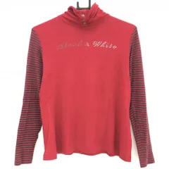 【美品】ブラックアンドホワイト 長袖ハイネックシャツ レッド×グレー 袖ボーダー  レディース 2(M) ゴルフウェア Black＆White