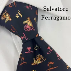 《良品》Salvatore Ferragamo (サルヴァトーレフェラガモ) イタリア製 シルクネクタイ 総柄 虎 植物 ボタニカル ブラック オレンジ ベージュ イエロー ピンク
