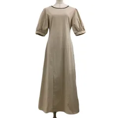 アルシーヴ archives ワンピース Aライン フレア ロング リボン リネン 無地 パフスリーブ 五分袖 ベージュ 黒 ブラック