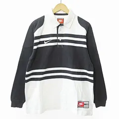 ナイキ NIKE ラガーシャツ カットソー ポロシャツ 長袖 スウッシュ 刺繍 ボーダー 白 黒 M 1228 EC●