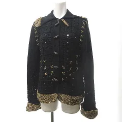 ケンゾー KENZO 美品 ニット カーディガン ジャケット ブルゾン クロッシェ編み 編み込み ステッチ 長袖 ウール 黒 ブラック L 0422のサムネイル