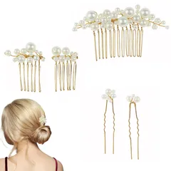 MAEXUS 夜会巻きコーム パールピン髪飾り 5本セット 3種類 ヘッドドレス ヘアピン かんざし U字型の真珠のブローチ 和装 撮影 普段使い 着物 成人式 卒業式結婚式 ウェディング パーティー 花嫁などの髪飾り用 (ゴールド)