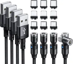 マグネット 充電ケーブル3in1 USBケーブル【4本セット】回転可能 磁石 磁気 防塵 着脱式 Type-C Micro USB lightning Cable AL343