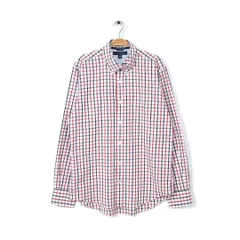 トミーヒルフィガー ボタンダウンシャツ スリムフィット 赤紺チェック BDシャツ メンズM TOMMY HILFIGER 古着 @CA1059
