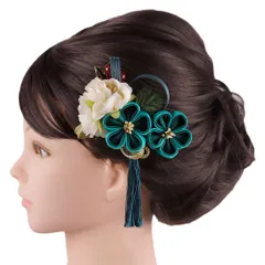 髪飾り 成人式 つまみ細工 ゴールド 振袖 前撮り 袴 花 緑 青緑 ターコイズ 白 ちりめん 房 組紐 ビーズ 小さい 2点セット 着 No.9-5620