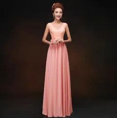パーティードレス レディース ワンピース イブニングドレス ロングドレス 袖なし フォーマルドレス M ピンク ブライダル Vネック ウェディング 結婚式 二次会 ピアノ 発表会 宴会用 演奏会 ステージ シフォン da048ze