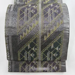 袋帯 秀品 華飾金彩 縞 幾何学 金銀糸 箔 黒灰 六通 正絹 【中古】