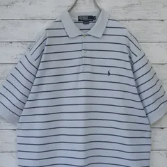 Polo Ralph Lauren ポロラルフローレン ワンポイント ポニー刺繍ロゴ 半袖 鹿子 ボーダー ポロシャツ メンズ XL ライトブルー ネイビー 水色 紺 20201204