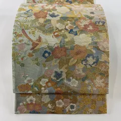 【美品】 袋帯 秀品 鳥 枝花 箔 金糸 灰緑 六通 正絹 【中古】