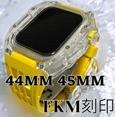 インビジブル×イエロー★アップルウォッチバンド ラバーベルト カバー Apple Watch クリア ケース 44mm 45mm  スポーツ メンズ レディース
