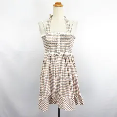 イーストボーイ EAST BOY キャミワンピース チュニック ホルターネック ミニ丈 ギンガムチェック シャーリング レース コットン 9 ベージュ×ホワイト ※EKM