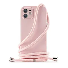 ピンク_iPhone12mini Handodo 対応: Apple iPhone 12 mini ケース - iPhone 12 mini カバーネック ショルダー ストラップ付き スマホ シリコン カバー 紐付き 斜めがけ, 織りストラップ付き 調節なショ