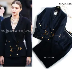 シャネル スーツ 限定版 Gigi ヴィンテージ ネイビー ウール ロゴ ゴールド金具ベルト付 ツイード ジャケット スカート 貴重すぎる 36 38