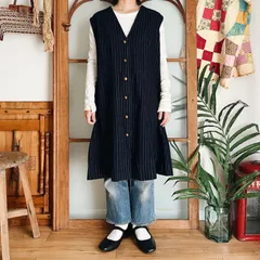 フランス古着 ウール　黒ストライプ ノースリーブ ワンピース（m270）