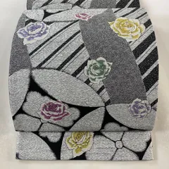 袋帯 美品 秀品 振袖向き バラ 七宝 箔 銀色 六通 正絹 【中古】