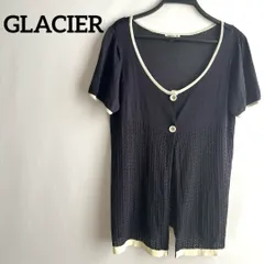 GLACIERグラシア半袖カーディガン紺ネイビーLシンプル丸襟前開きボタン