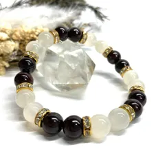 ムーンストーン&ガーネット パワーストーン ブレスレット 天然石 (ゴールド) 8mm レディース 女性  数珠ブレス 開運 プレゼント ギフト  [5]