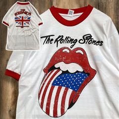 BJKL リンガー Tシャツ ビンテージ 古着 白 赤 ローリングストーンズ ROLLING STONES リップスアンドタン 星条旗 国旗 バンド Lサイズ 2503  2980 p10