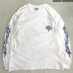 HARLEY DAVIDSON USA製 アメリカ製 ロングスリーブTシャツ 長袖カットソー ロンT ポケットT Hanes BEEFY-T 袖プリント 両面プリント ロゴ ファイヤーパターン フレイムパターン Lサイズ ホワイト 白 ハーレーダビッドソン