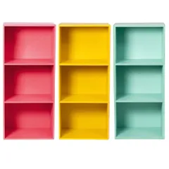 カラーボックス3段 　3個セット（コーラルレッド/イエロー/ミントグリーン）本棚　カラフル　おもちゃ　教科書　絵本　子供部屋　家具　木製　３段　３個（コーラル１、イエロー１、ミント１）※※北海道・沖縄県・離島別途送料有・説明文をお読みください※※