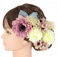 髪飾り 成人式 振袖 前撮り 袴 花 菊 カスミソウ 9点セット 白 青 紫 ピンク リボン レース 造花 ビーズ ワントーンカラー ト No.12-0743