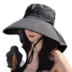 Free Size_ブラック [YUMISS] UVカット 帽子 レディース 【12cm超つば広・360度UVカット・首筋しっかり守る】接触冷感 完全遮光 日焼け防止 紫外線対策 通気性 撥水加工 吸汗 小顔 日除け帽子 uvカット帽子 あご紐 自転車 登山