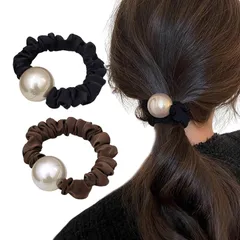 Fesanla ヘアゴム パール シュシュ 2個セット ヘアアクセサリー おしゃれ 髪ゴム 髪飾り 女の子 入学式 結婚式 (ブラック+ブラウン)