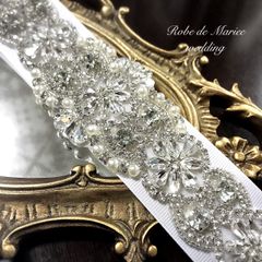 ウェディング・ロングビジュー付きサッシュベルト　グログラン／サテン