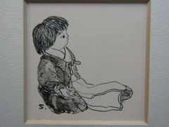 小さな ペン画　水彩画　「少女」　石川すみ　額装品