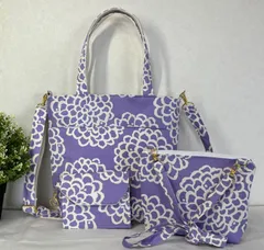 【裁縫ストア・ボヌール】大人かわいい　北欧風　花柄　ビッグダリア柄　パープル　トートバック　ポーチ/サコッシュ　ミニポーチ　ショルダーバッグ　ハンドメイド　ショルダーストラップ付き　ポケットいっぱい　ゴージャス  / №500-482