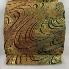 【在庫一掃】 袋帯 美品 秀品 振袖向き 蝶 流水 金糸 箔 金色 六通 正絹 【中古】
