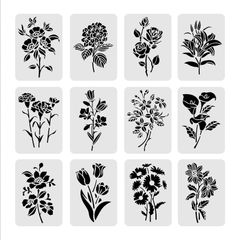 【特価セール】ペイント 絵図 手帳用 プラスチック製 リサイクル 描画テンプレート 花 ステンシルシート ＃2 12枚A4サイズ BENECREAT