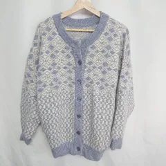 ■ ⊇ FREAK'S STORE 総柄 厚手 長袖 ニットカーディガン サイズF ライトブルー ベージュ レディース E  【1410100010028】