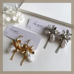 モード×上品《304ステンレス フープ ポスト》 ニュアンスパール バロックパール メタル フラワー お花 フープ ピアス ゴールド シルバー チェーン 2way ウェディング ブライダル アレルギー対応 ハンドメイドピアス 《イヤリング変更可能》
