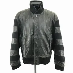 本革/レザー切替ボーダー中綿ブルゾン【50/L/黒】リブ袖襟裾/ラウンドネック/スナップボタン/比翼仕立て◆BC144W<sale>のサムネイル