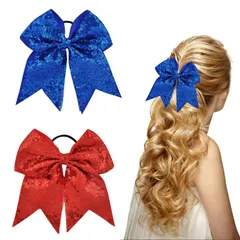 『数量限定』 髪飾り ヘアアクセサリー ビッグリボン 高弾性 ヘアゴム おしゃれ かわいい 入学式 2個セット 卒業式 発表会 結婚式 スパンコールリボンヘアリボン チアリーダー ダンス衣装 キッズ Coollooda 大人 ポニーテールに相性ぴったり(赤＋青