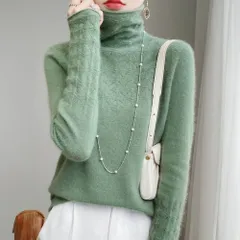 ☆ グリーン ☆ Mサイズ ☆ ニットセーター ハイネック トップス 首元レース ハイネック 長袖 レディース ニット セーター タートルネック 首元レース ニットトップス ニットセーター プルオーバー トップス 秋冬 秋 冬 きれいめ 無地 シンプル