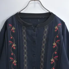 80〜90s 花柄 刺繍 フローラル デザイン スウェット ピンタック カーディガン ネイビー フラワー ヴィンテージ カーデ ビンテージ USA アメリカ古着 レディースLサイズ相当