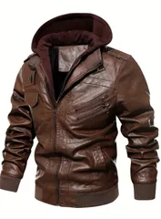 ライダースジャケット メンズ レザー バイクジャケット フェイクレザージャケット フード付き パーカー 防風 ブルゾン 大きいサイズ ジャンパー カジュアル アウター フード脱着可 2way おしゃれ アウトドア 防風 中綿入り 春 冬 秋  ブラウン