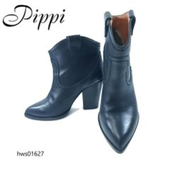 Pippi ウエスタンブーツ ショートブーツ ポインテッドトゥ チャンキーヒール 38 ピッピ レディース ブラック hws01627