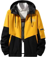 emptio エンプティオ フード付き アウトドア ジップアップ ジャケット メンズ 襟なし 軽量 プリント アウター ライン バックプリント ワンポイント フィット アルファベット ジャンパー オーバーサイズ 暖かい(イエローブラック,  M)