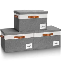 【特価商品】ボックス 丈夫なキャンバス生地 整理用 分類用ラベル カラーボックス ハンドル付き (特大 収納ケース 折りたたみ式 - 3点セット グレー 幅40×奥行30×高さ26cm 蓋付き 蓋付き - 収納ボックス グレー/ホワイト) LHZK