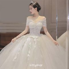 ウェディングドレス Aライン 白 チュール ボートネック 二次会ドレス お呼ばれドレス 花嫁ドレス 結婚式ドレス 袖あり トレーンドレス ホワ