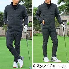 ゴルフウェア セットアップ メンズ 上下セット ダウンジャケット ゴルフパンツ 暖か裏起毛シャギーボア 防寒 ストレッチジャージ アウター スタンド パーカー ジップアップ スポーツ 秋冬 set70 6-スタンドチャコール