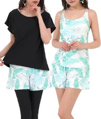 Sweet Passion(スウィートパッション) 水着 レディース 5点セット ヨガ タンキニ Tシャツ パンツ レギンス ショーツ グリーンリーフ x ブラック( グリーンリーフ x ブラック,  S)