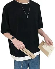 [Four leaf] Tシャツ メンズ 半袖 シンプル 無地 お洒落 重ね着風 ゆったり 五分袖 春 夏(L, 黒) [ブラック] [L]
